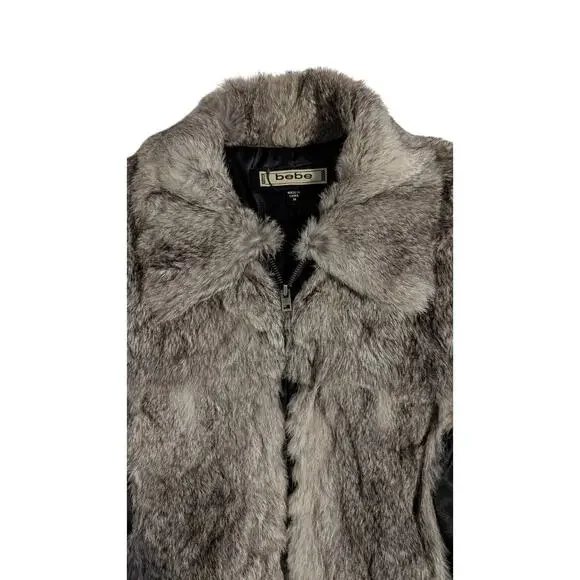Bebe black and gray rabbit fur long sleeve zip up jacket size medium - Picture 6 of 8